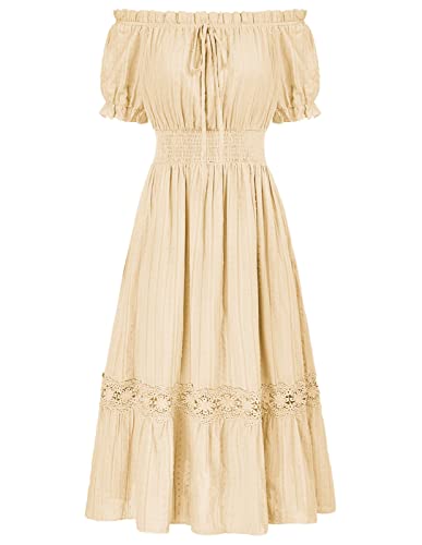 Damen Viktorianisches Kleid Off Shoulder Elastische Taille Kurzarm Boho A-Linie Rüschenkleid Aprikose XL von SCARLET DARKNESS