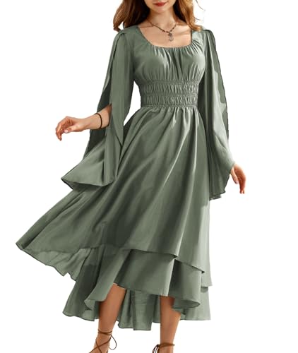 Damen Viktorianisches Maxi Kleid High Low Saum Hohe Taille Bodenlang Swing Kleid Hellgraugrün M von SCARLET DARKNESS