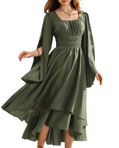 Damen Viktorianisches Swing Kleid High Low Saum Hohe Taille Bodenlang Maxi Kleid Olivgrün M von SCARLET DARKNESS