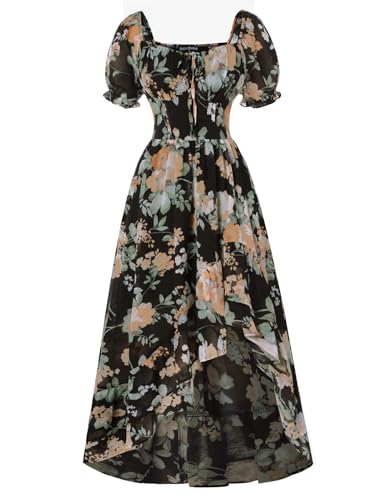 Damen Vintage Blumenkleider Rüschen Saum Puffärmel A-Linie Midi Casual Corsagenkleid Schwarz Gelb XL von SCARLET DARKNESS