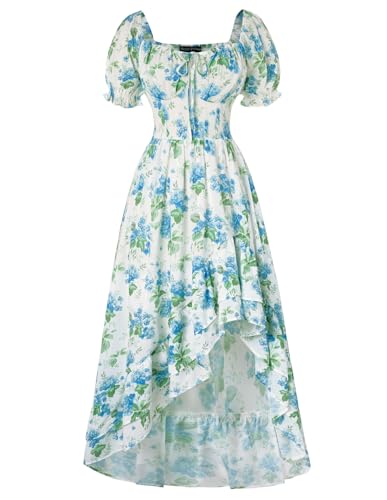 Damen Vintage Blumenkleider Rüschen Saum Puffärmel A-Linie Midi Casual Corsagenkleid Weiß Blau XL von SCARLET DARKNESS