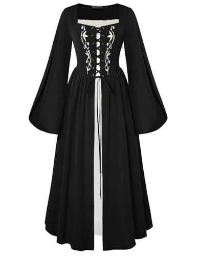 Damen Vintage Kleid Glockenärmel Square Neck Hohe Taille Lace-up vorne Piraten Kleider Set Schwarz XXL von SCARLET DARKNESS