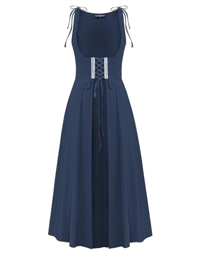 Damen Vintage Kleid U-Ausschnitt A-Linie Lace-up vorne mit Spitzen Ärmellos Mittelalter Kostüm Dunkelblau XL von SCARLET DARKNESS