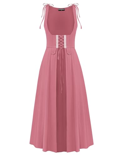 Damen Vintage Kleid U-Ausschnitt A-Linie Lace-up vorne mit Spitzen Ärmellos Mittelalter Kostüm Rosa XL von SCARLET DARKNESS