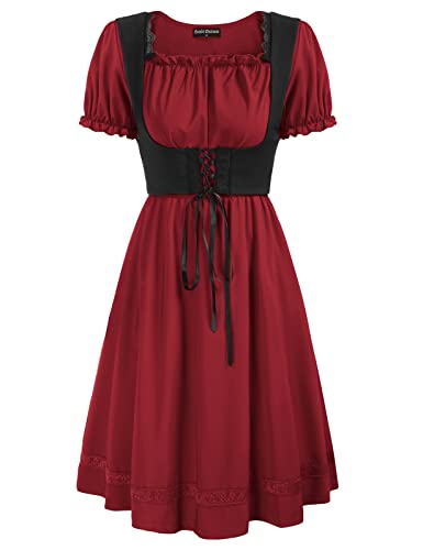 Damen Vintage Sommerkleid mit Volantärmel Quadratischer Kragen Gothic A Linie Kleid 2XL Rotwein von SCARLET DARKNESS