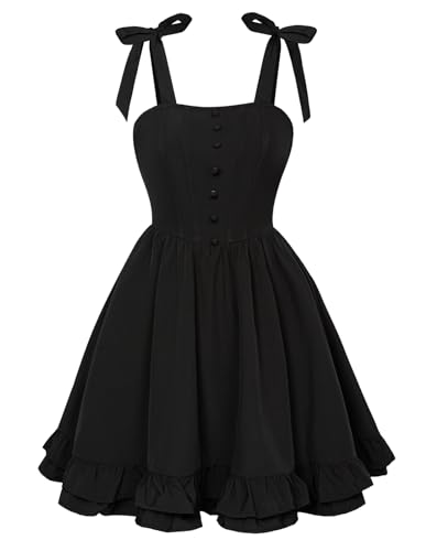 Damen Vintage Trägerkleid A-Linie Lace-up Rüschensaum Casual Korsett Kleider Schwarz XL von SCARLET DARKNESS