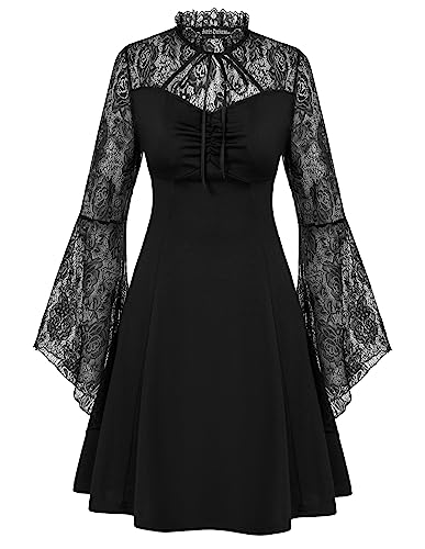 SCARLET DARKNESS Gothic Damen Lolita Dress Lace-Up Hollow-Out mit Spitzen Patchwork Abendkleid Schwarz L von SCARLET DARKNESS
