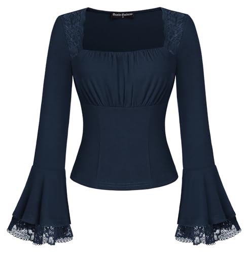 Gothic Kleidung Weihnachtsbluse Karneval Festliche Oberteil Langarm Spitzen Party Slim Fit Blau Tops für Damen M von SCARLET DARKNESS