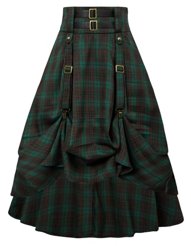 Gothic Rock Damen Hohe Taille mit Schnalle und Riemen Midi A-Linie Plisseerock Grün-Schwarz Kariert XL von SCARLET DARKNESS
