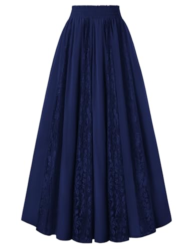 Gothic Steampunk Rock Damen Lang Mittelalter A-Linie Spitzen Maxirock Halloween Kostüm Dunkelblau M von SCARLET DARKNESS