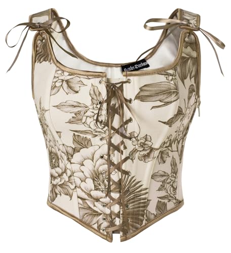 Gothic Wikinger Korsett Shapewear Schulterfrei mit Reißverschluss Weste Brust Binder Braun Blumen 42 von SCARLET DARKNESS