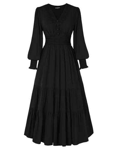 Historische Damen Maxi Kleid Langarm V-Neck Plissierte Taille A-Linie Kleider mit Spitzenbesatz Schwarz XL von SCARLET DARKNESS