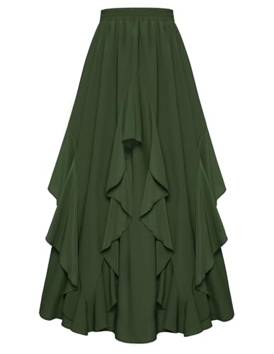 Langer Rock Damen Rüschensaum Chiffon Olivgrün Rock mit Taschen A-Linie Mittelalter Piraten Rock XXL von SCARLET DARKNESS