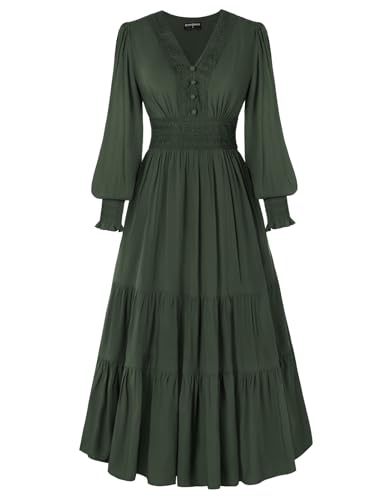 Mittelalter Damen Kleid V-Hals Plissierte Taille Spitzenbesatz Langarm A-Linie Kleider Olivgrün L von SCARLET DARKNESS