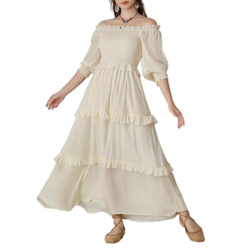 Mittelalter Damen Rüschenkleid Korsett Vintage Retro 3/4 Arm Gesmokte Swing-Kleid Aprikose M von SCARLET DARKNESS