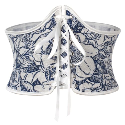 Mittelalter Gürtel Damen Lace-up Breiter Waspie Gürtel Corset Vinatge Schnürkorsett Dunkelblau Weiß Blumen 38 von SCARLET DARKNESS