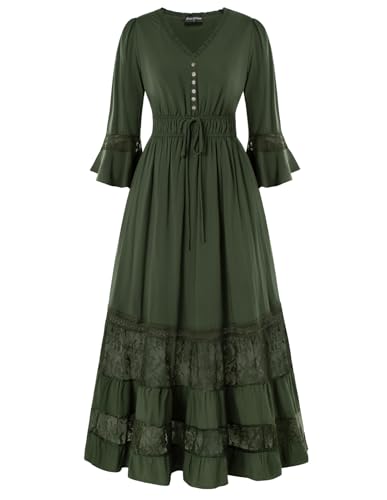 Mittelalter Maxikleid Damen A-Linie Kleid V-Ausschnitt Geschlitzte Ärmel Lässiges Kleid Olivgrün M von SCARLET DARKNESS