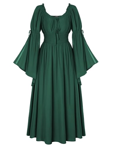 Mittelalter Vintage Kleid Damen Langer Glockenärmel Quadratischer Hals Cocktail Schulterfrei Maxikleid Grün XL von SCARLET DARKNESS