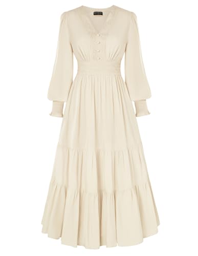 Renaissance Damen Kleid Ausgestellter Ärmel V-Ausschnitt Plissierte Taille A-Linie Maxikleider Aprikose L von SCARLET DARKNESS