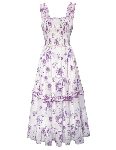 Renaissance Kleid Damen Gesmokt Midi Blumenkleid Spaghetti Träge Cottagecore Kleid Lila M von SCARLET DARKNESS