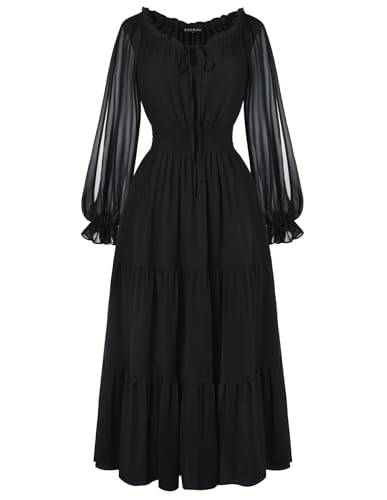 Renaissance Kleid Laternenärmel Schulterfrei Lace-up Damen Cosplay Hexenkostüm Schwarz L von SCARLET DARKNESS