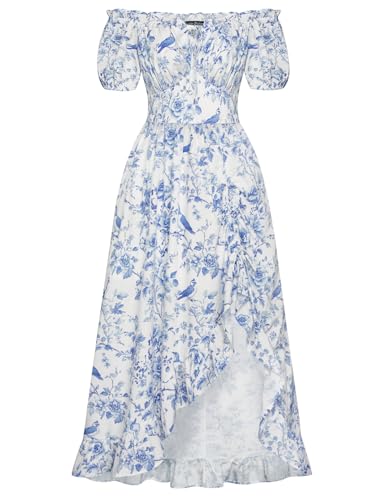 Rockabilly Piraten Kleider Damen Square Neck Rüschen Saum A-Linie Corsagenkleid Hellblau Druck auf Weiß XL von SCARLET DARKNESS