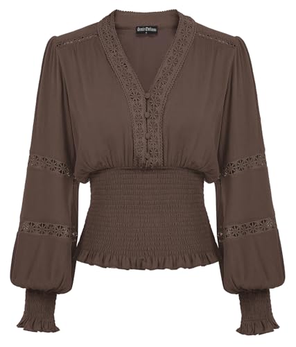 SCARLET DARKNESS 2025 Frühling Sommer Mittelalter Trachtenbluse Gesmokt Taille Hollow Out Carmenbluse Braun M von SCARLET DARKNESS