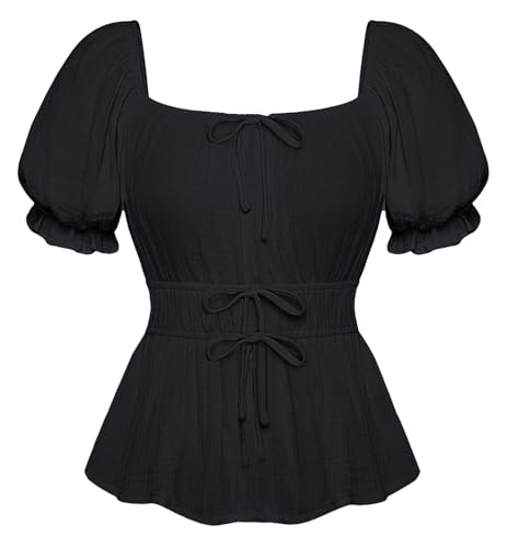 SCARLET DARKNESS 2025 Damen Schwarz Bluse Sommer Tops Y2K Kurz Puffärmel Renaissance Oberteile Eckiger Ausschnitt Blusen M von SCARLET DARKNESS