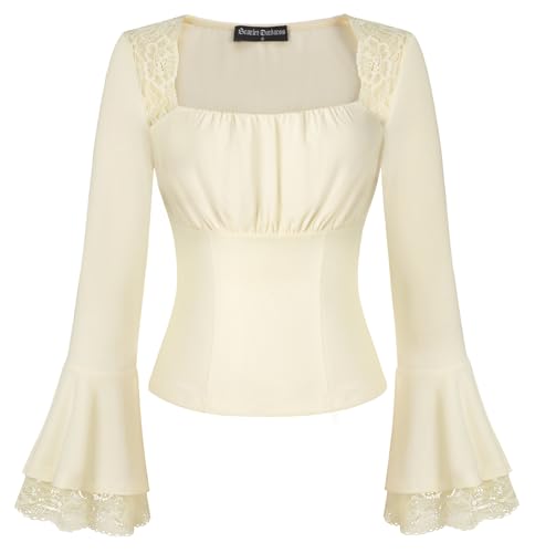 SCARLET DARKNESS Bluse Damen Langarm Mittelalter Kleidung Renaissance Quadratischer Kragen Trachtenbluse Spitzen Oberteile Beige M von SCARLET DARKNESS