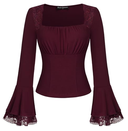 SCARLET DARKNESS Bluse Damen Langarm Mittelalter Kleidung Renaissance Quadratischer Kragen Trachtenbluse mit Spitze Dunkelrot S von SCARLET DARKNESS