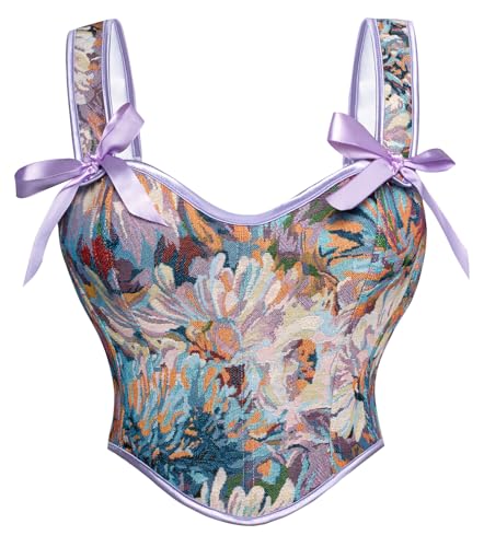 SCARLET DARKNESS Corsage Damen Floral Korsett Square V-Ausschnitt Lace-up Mittelalter Corset Top Lila Blau Blumen 48 von SCARLET DARKNESS