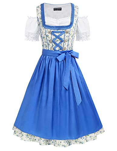 SCARLET DARKNESS Damen 3Tlg Dirndl Kleid Midi Trachtenkleid Oktoberfest Kostüme,Baumwollkleid,Tops,Schürze XXL Weiß und Blau Blumen von SCARLET DARKNESS