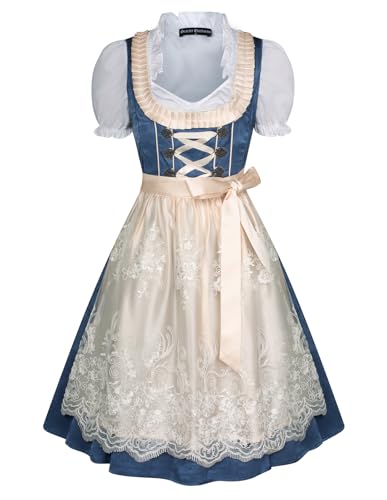 SCARLET DARKNESS Damen 3Tlg Dirndl Kleid Oktoberfest Kostüme Tops,Trachtenkleid,Spitzenschürze 3XL Dunkelblau und Weiß Spitze von SCARLET DARKNESS