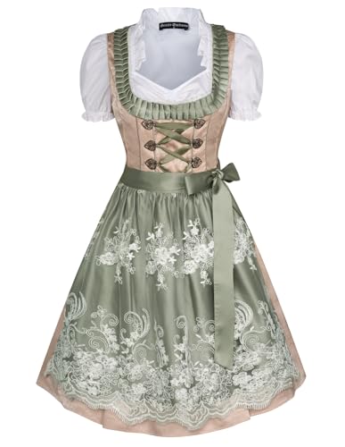 Damen 3Tlg Dirndl Kleid Oktoberfest Kostüme Tops,Trachtenkleid,Spitzenschürze S Hautfarbe und Bohnengrün Spitze von SCARLET DARKNESS