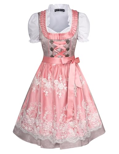 SCARLET DARKNESS Damen 3Tlg Dirndl Kleid Oktoberfest Kostüme Tops,Trachtenkleid,Spitzenschürze XL Grau und Rosa Spitze von SCARLET DARKNESS
