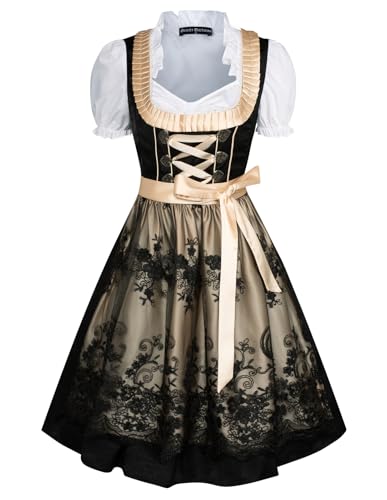 Damen 3Tlg Dirndl Kleid Oktoberfest Kostüme Tops,Trachtenkleid,Spitzenschürze XL Schwarz und Champagnergold Spitze von SCARLET DARKNESS
