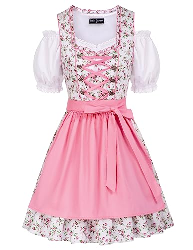 SCARLET DARKNESS Damen 3Tlg Dirndl Kleid Oktoberfest Midi Dirndl Trachtenkleid Kostüme,Baumwollkleid,Tops,Schürze M Pink und Blumendruck von SCARLET DARKNESS