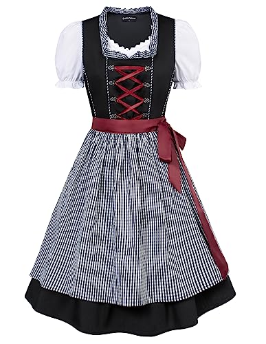 SCARLET DARKNESS Damen 3Tlg Dirndl Kleid Oktoberfest Midi Dirndl Trachtenkleid Kostüme,Baumwollkleid,Tops,Schürze M Schwarz Weiß Plaid von SCARLET DARKNESS