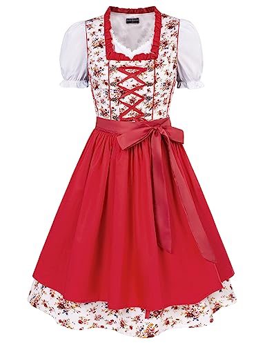 SCARLET DARKNESS Damen 3Tlg Dirndl Kleid Oktoberfest Midi Dirndl Trachtenkleid Kostüme,Baumwollkleid,Tops,Schürze M Weiß und Rot Blumen von SCARLET DARKNESS