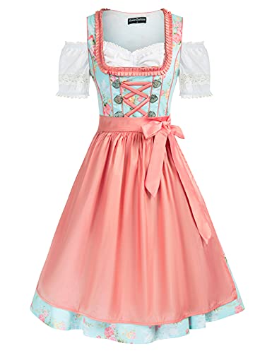 SCARLET DARKNESS Damen 3Tlg Dirndl Kleid Oktoberfest Trachtenkleid Kostüme Tops,Baumwollkleid,Schürze 2XL Rosa und Blaudruck von SCARLET DARKNESS