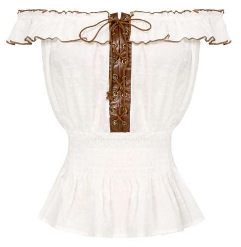 SCARLET DARKNESS Damen Baumwolle Tops Lace-Up Off Shoulder mit Rüschen Gesmokte Retro Corset Tops Beige XXL von SCARLET DARKNESS