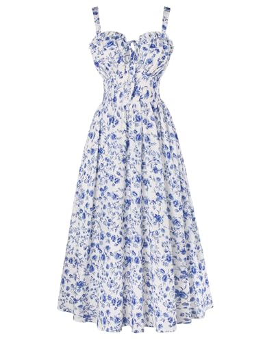 SCARLET DARKNESS Damen Blau Blumenmuster Ärmellos Lang Midikleid mit Herzausschnitt Leicht Luftig Sommerkleid für Strand und Festival L von SCARLET DARKNESS