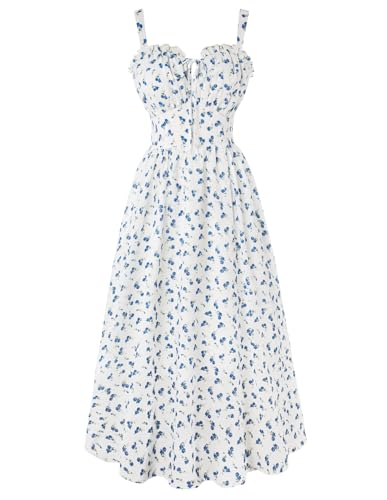 SCARLET DARKNESS Damen Blaues Blumenmuster Ärmellos Lang Midikleid mit Herzausschnitt Leicht Luftig Sommerkleid für Strand und Festival L von SCARLET DARKNESS