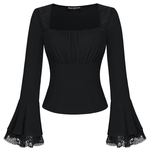 Damen Blusen Mittelalter Cosplay Halloween Kostüm Langarm Y2K Dirndl Bluse Herbst Schwarz XL von SCARLET DARKNESS