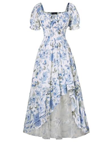 SCARLET DARKNESS Damen Boho Kleid Gesmokt Taille Blumenkleid Square Neck Puffärmel Blau Blumen Freizeitkleider XXL von SCARLET DARKNESS