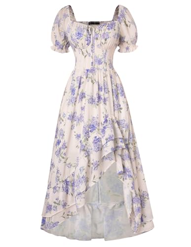 SCARLET DARKNESS Damen Boho Kleid Gesmokt Taille Blumenkleid Square Neck Puffärmel Sommerkleider Aprikose Lila XXL von SCARLET DARKNESS