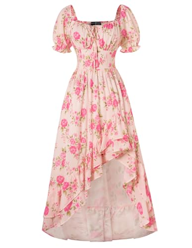 SCARLET DARKNESS Damen Boho Kleid Gesmokt Taille Blumenkleid Square Neck Puffärmel Sommerkleider Hellrosa XXL von SCARLET DARKNESS