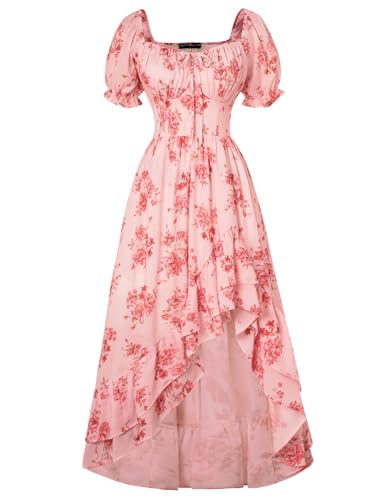 SCARLET DARKNESS Damen Boho Kleid Gesmokt Taille Blumenkleid Square Neck Puffärmel Sommerkleider Rosa Rot XXL von SCARLET DARKNESS