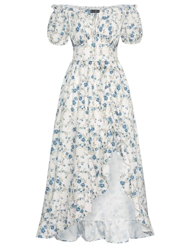 SCARLET DARKNESS Damen Cottagecore Blumenkleid Square Neck Rüschen Saum Mittelalter Corsagenkleid Blau Blumendruck auf Weiß S von SCARLET DARKNESS