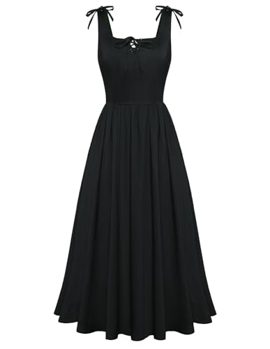 SCARLET DARKNESS Damen Cottagecore Kleid High-Low Saum Ärmellos Gesmokt Spaghettiträger Sommerkleider Schwarz M von SCARLET DARKNESS